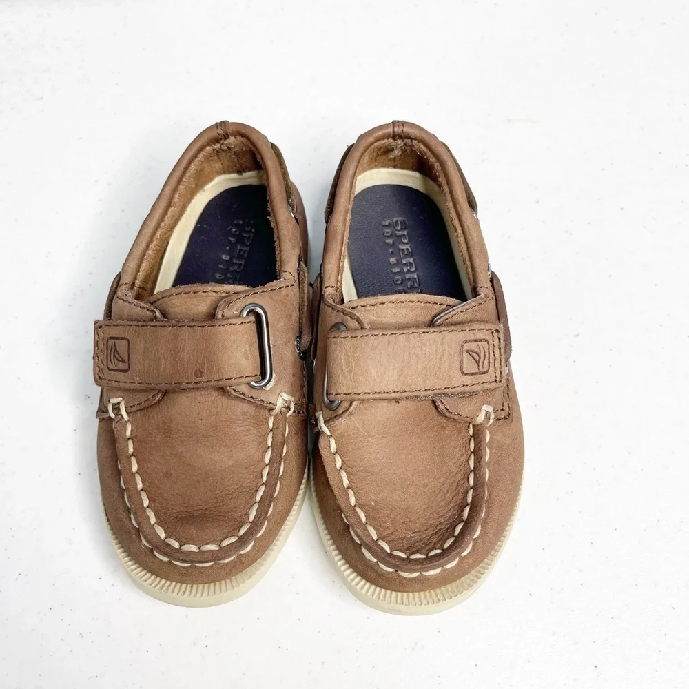 Sperry kids size 6M brown leather hook and loop top sider with removable insoles